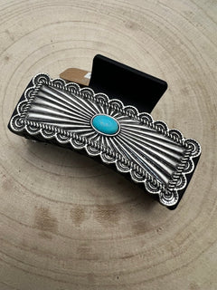 Western Faux Turquoise and Silver Claw Clip - Cowhide and Conchos