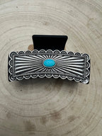 Western Faux Turquoise and Silver Claw Clip - Cowhide and Conchos