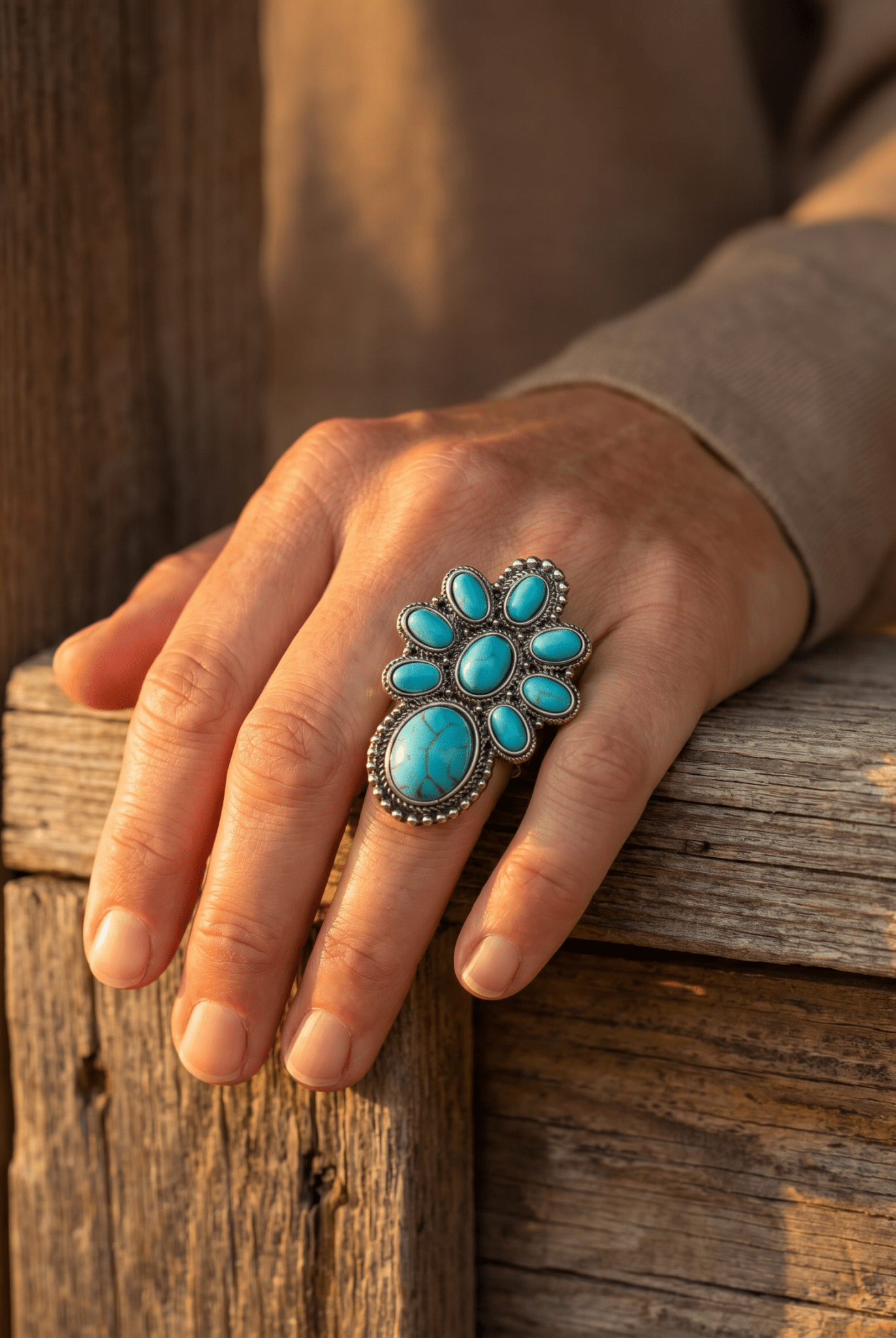 Western Faux Turquoise Cluster Adjustable Cuff Ring — Statement Size - Cowhide and Conchos