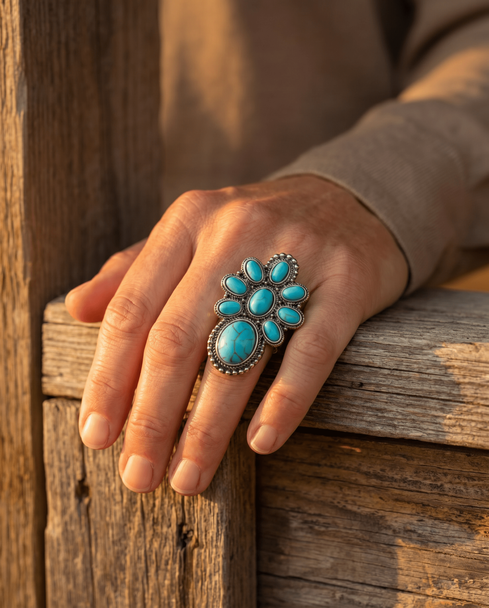 Western Faux Turquoise Cluster Adjustable Cuff Ring — Statement Size - Cowhide and Conchos
