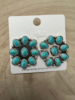 Western Faux Turquoise Cluster Fashion Earrings - Cowhide and Conchos