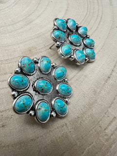 Western Faux Turquoise Cluster Fashion Earrings - Cowhide and Conchos
