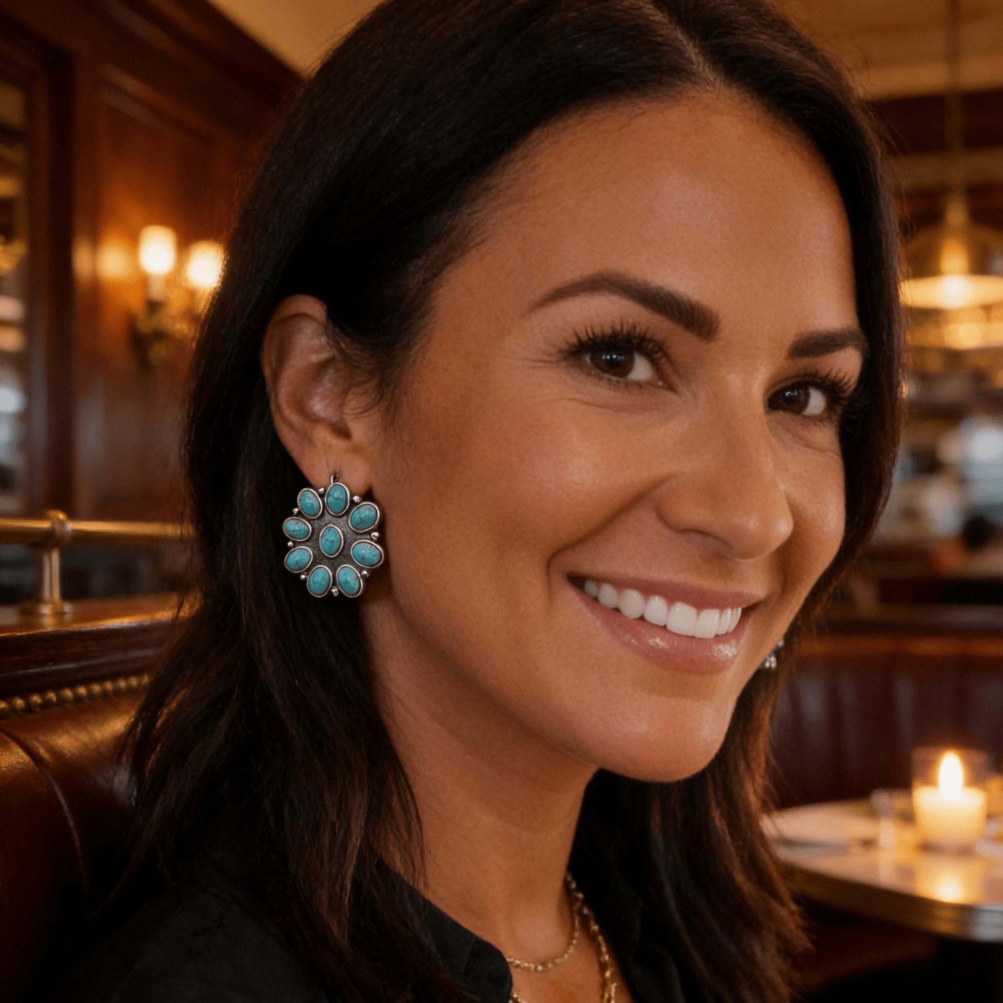 Western Faux Turquoise Cluster Fashion Earrings - Cowhide and Conchos