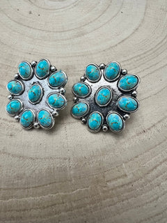 Western Faux Turquoise Cluster Fashion Earrings - Cowhide and Conchos