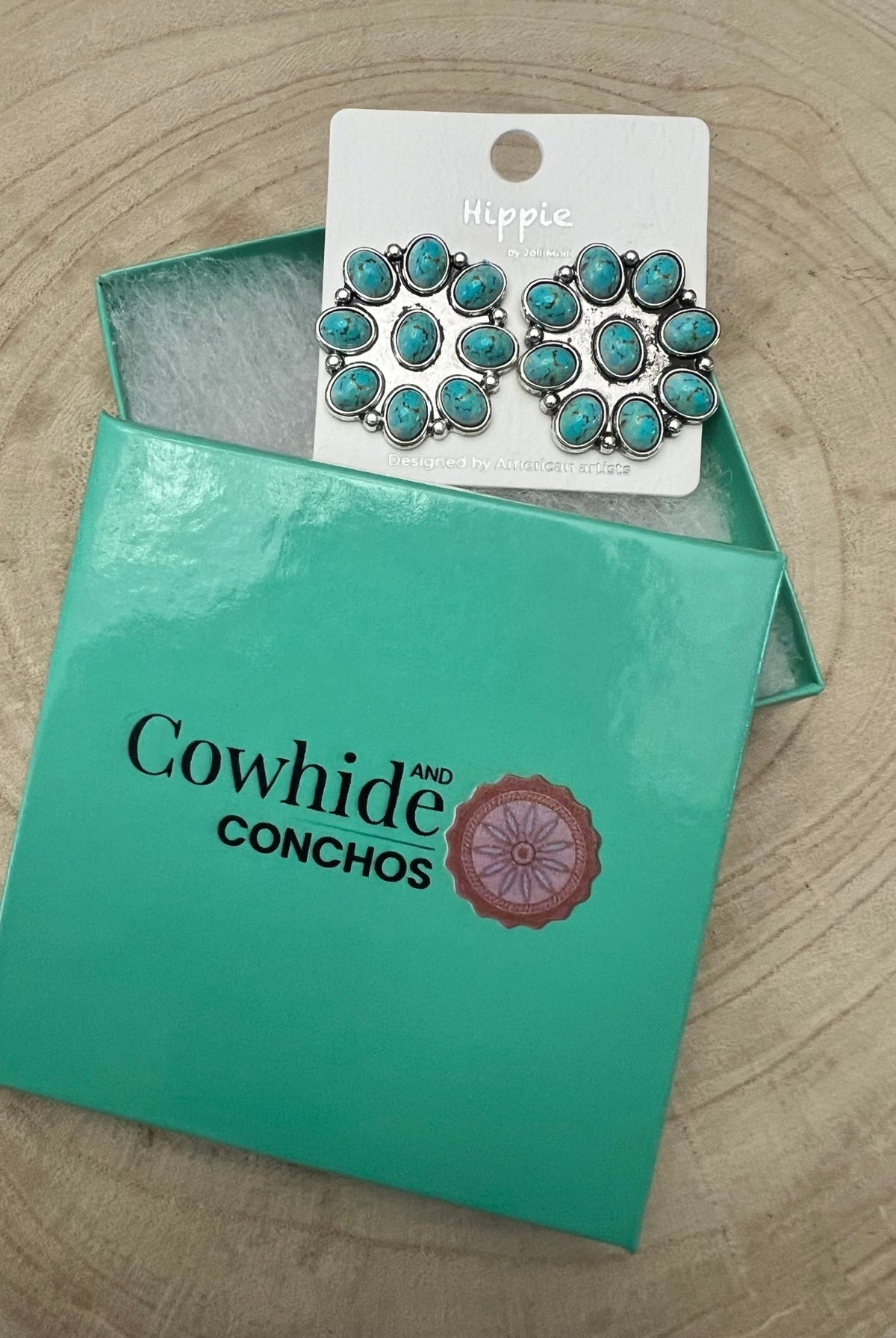 Western Faux Turquoise Cluster Fashion Earrings - Cowhide and Conchos