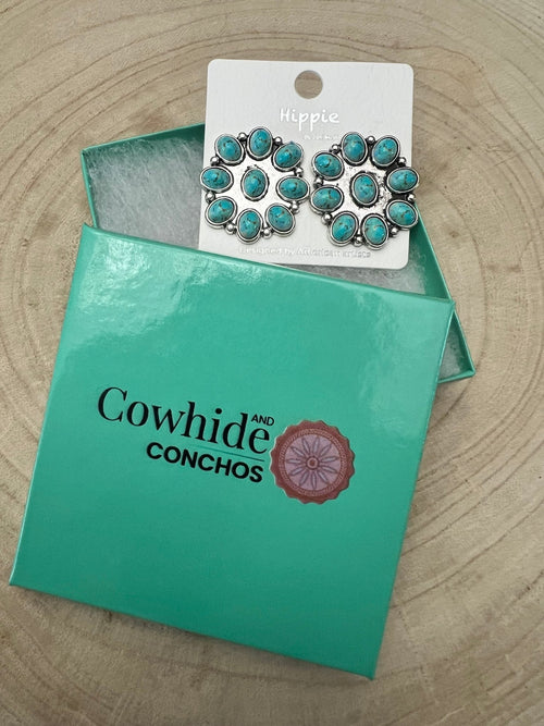 Western Faux Turquoise Cluster Fashion Earrings - Cowhide and Conchos