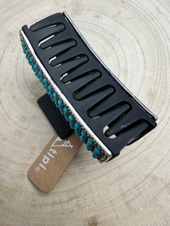 Western Faux Turquoise Cluster Hair Claw Clip - Cowhide and Conchos