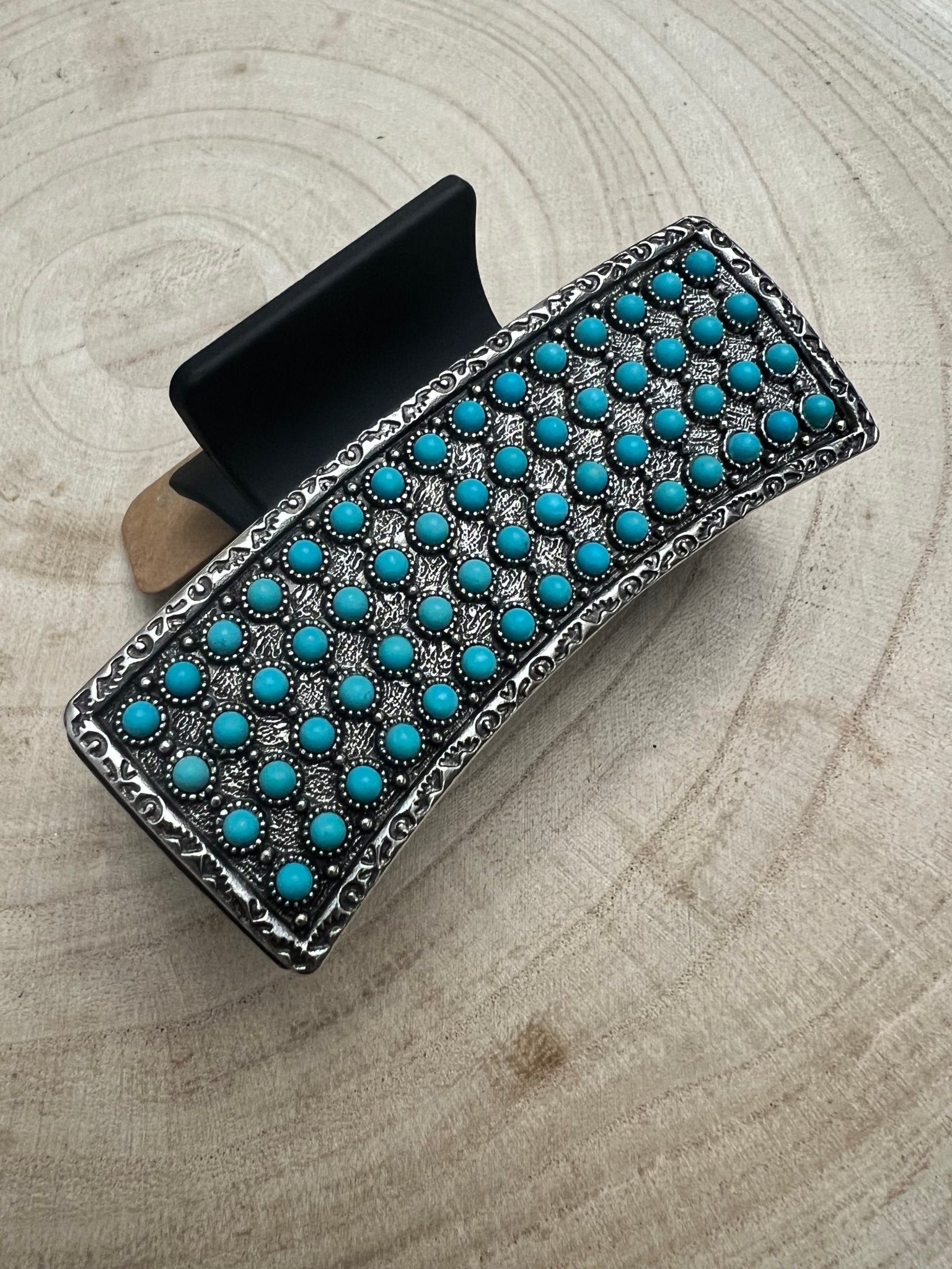 Western Faux Turquoise Cluster Hair Claw Clip - Cowhide and Conchos