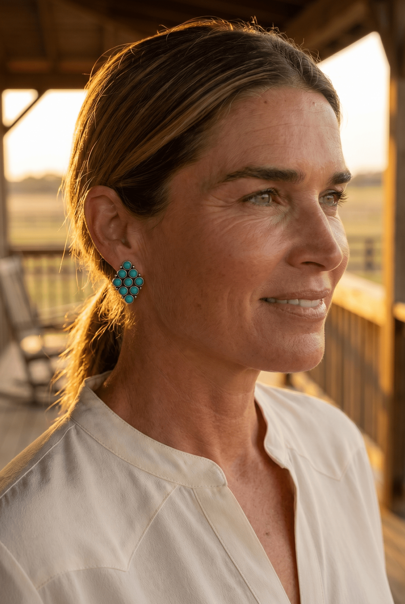 Western Faux Turquoise Cluster Post Earrings — Petite 1" Drop - Cowhide and Conchos