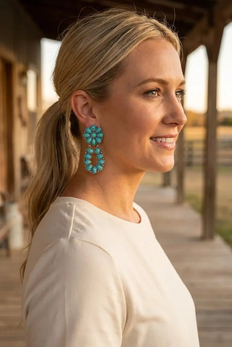 Western Faux Turquoise Cluster Post Earrings — Statement 2¼" Drop - Cowhide and Conchos