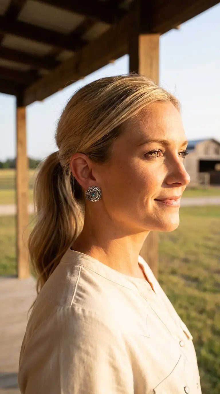 Western Faux Turquoise Concho Post Earrings — Petite 3/4" Drop - Cowhide and Conchos