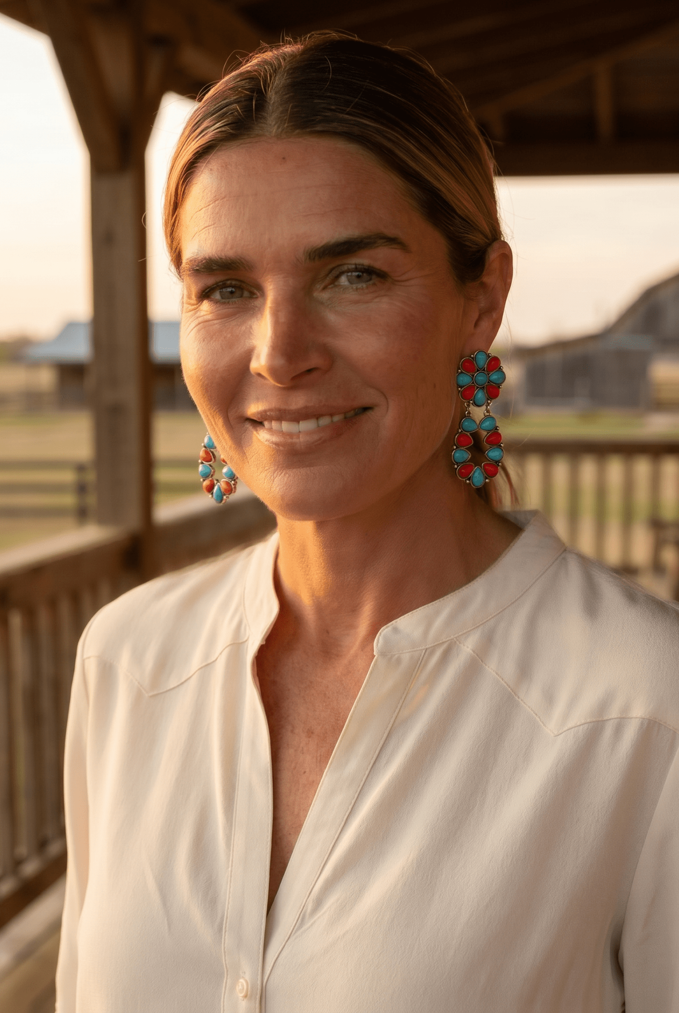 Western Faux Turquoise & Coral Cluster Post Earrings — Southwestern Statement - Cowhide and Conchos