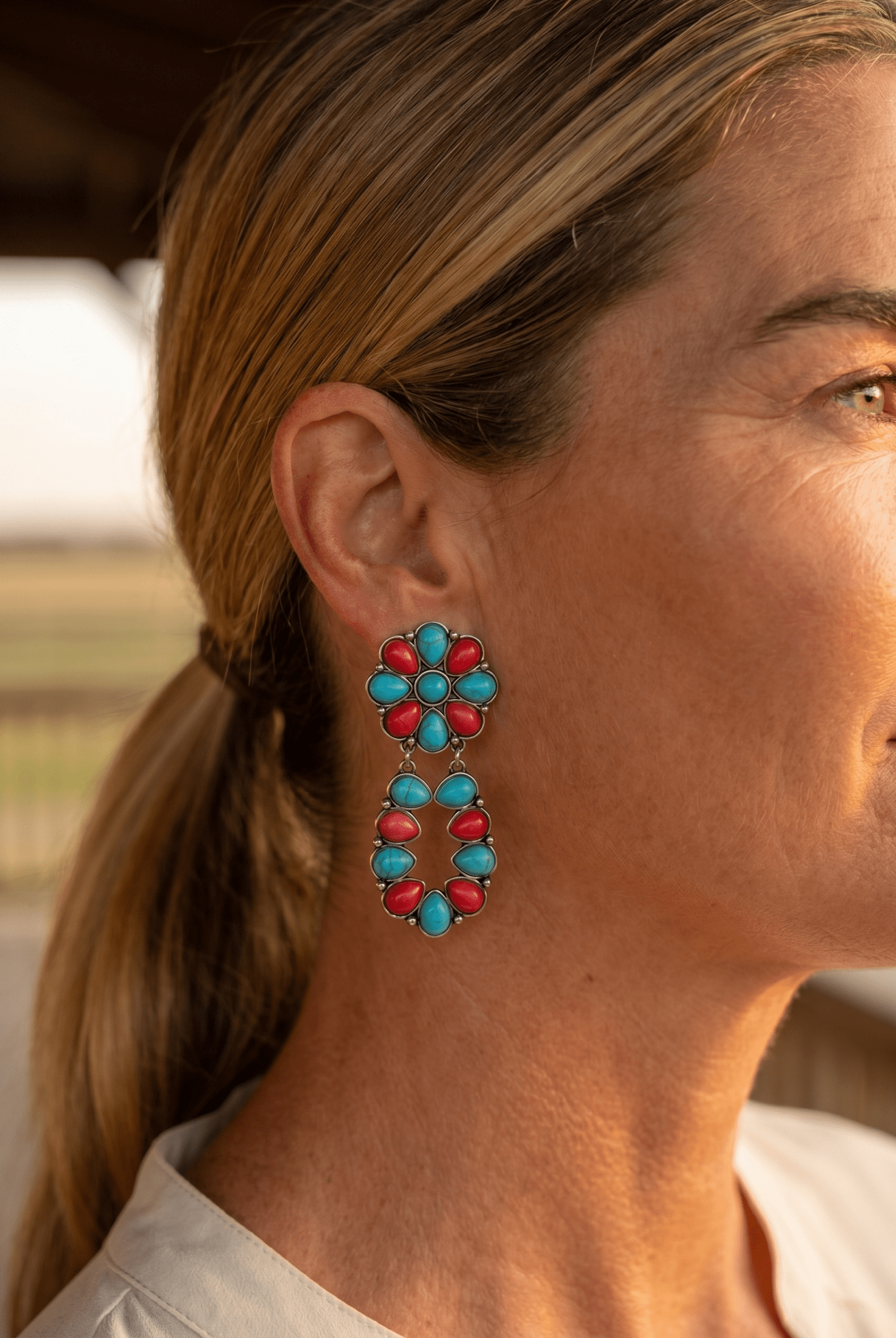 Western Faux Turquoise & Coral Cluster Post Earrings — Southwestern Statement - Cowhide and Conchos