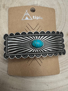 Western Faux Turquoise Etched Silver Metal Hair Barrette - Cowhide and Conchos