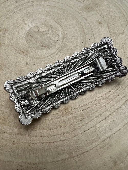 Western Faux Turquoise Etched Silver Metal Hair Barrette - Cowhide and Conchos
