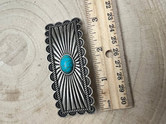 Western Faux Turquoise Etched Silver Metal Hair Barrette - Cowhide and Conchos