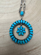 Western Faux Turquoise Flower Cluster Necklace - 18 inch - Cowhide and Conchos
