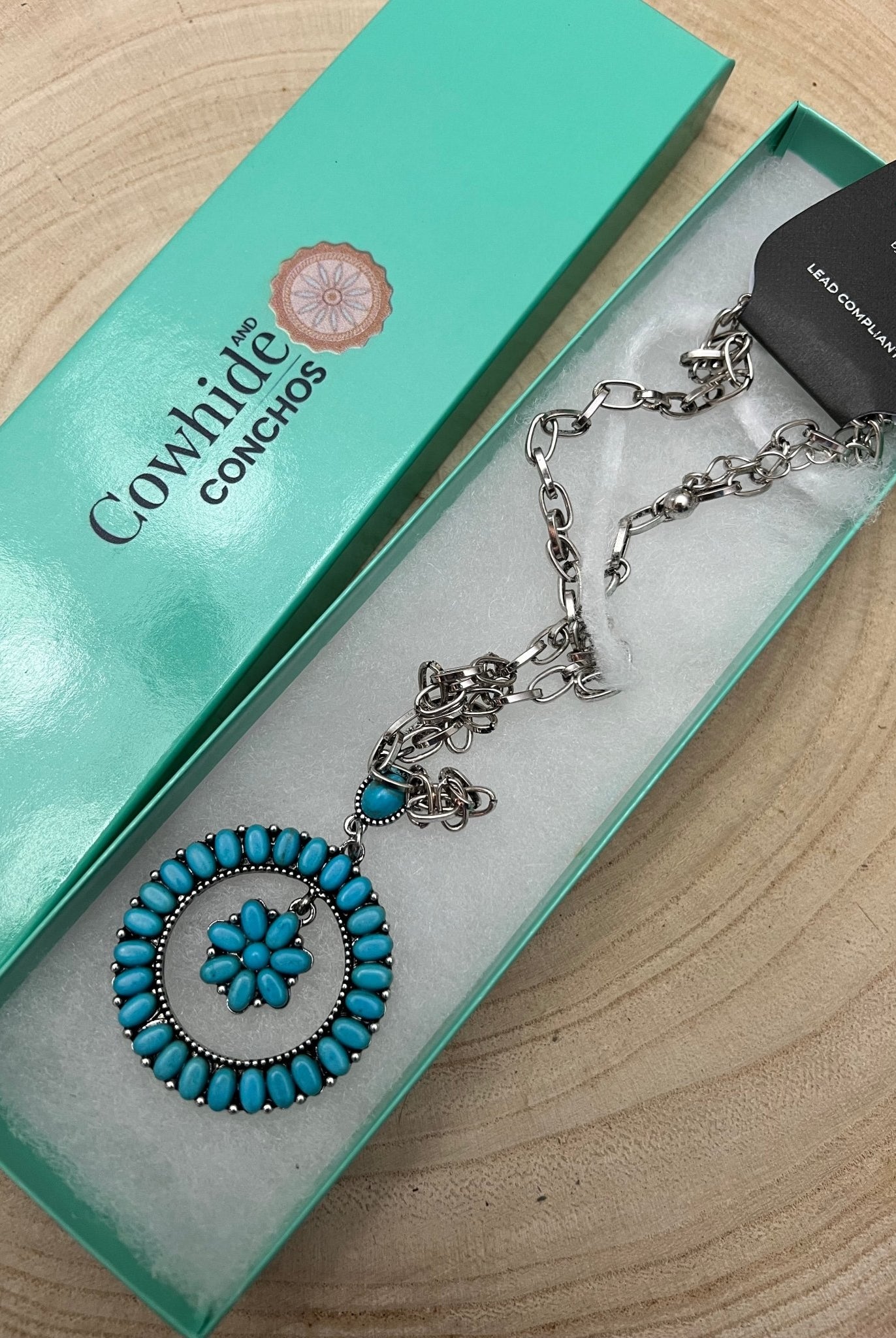 Western Faux Turquoise Flower Cluster Necklace - 18 inch - Cowhide and Conchos