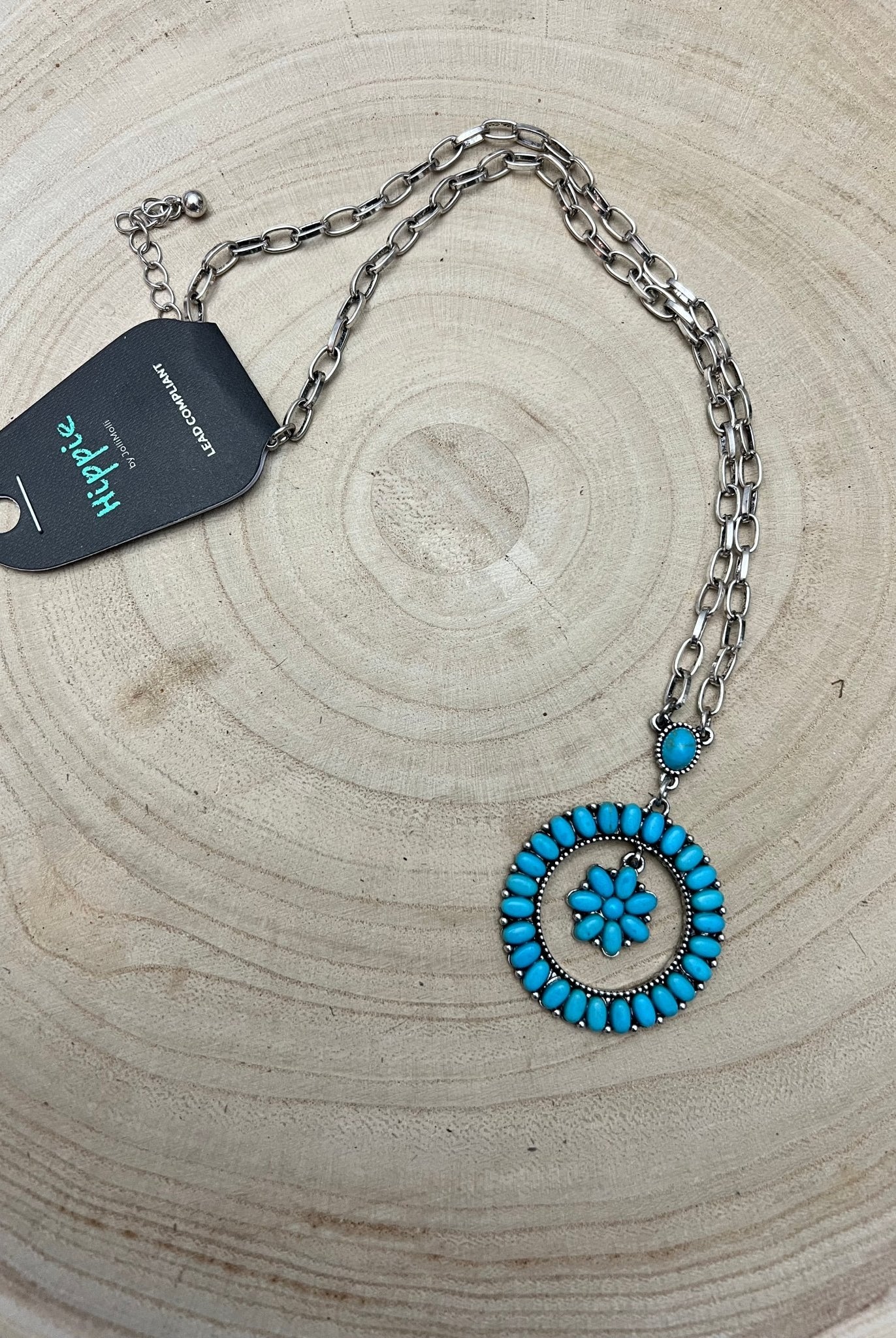 Western Faux Turquoise Flower Cluster Necklace - 18 inch - Cowhide and Conchos