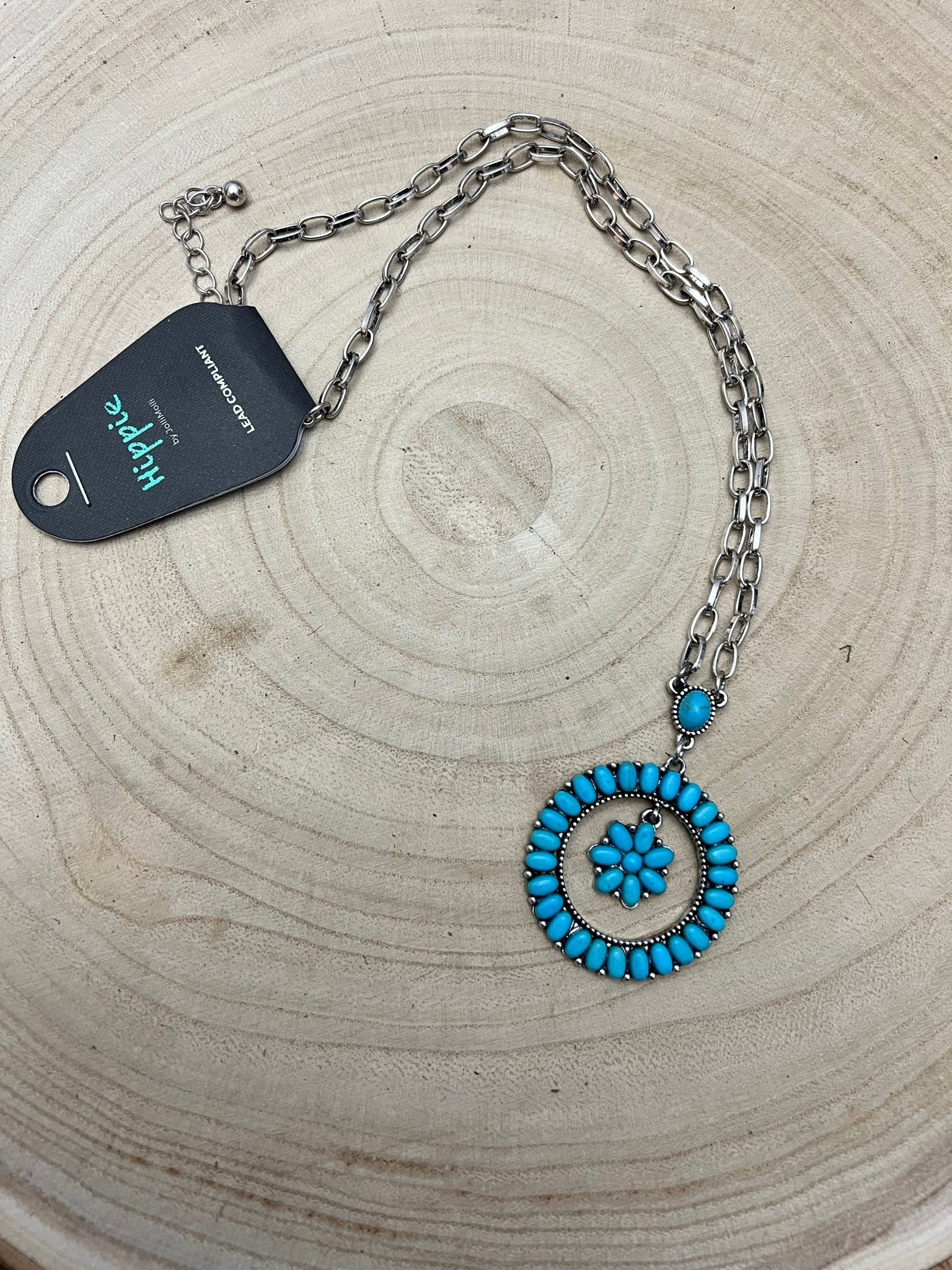 Western Faux Turquoise Flower Cluster Necklace - 18 inch - Cowhide and Conchos