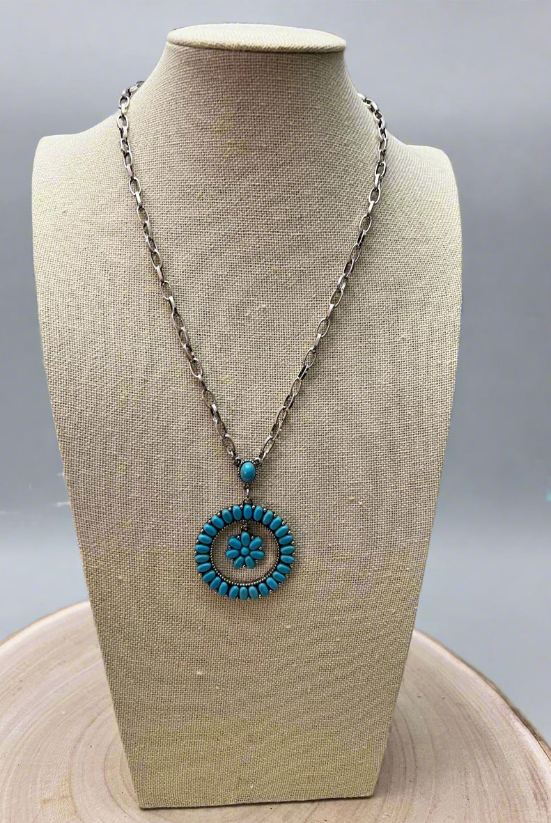 Western Faux Turquoise Flower Cluster Necklace - 18 inch - Cowhide and Conchos