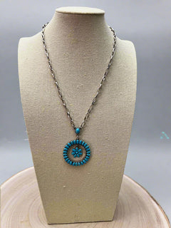 Western Faux Turquoise Flower Cluster Necklace - 18 inch - Cowhide and Conchos