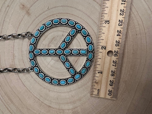 Western Faux Turquoise Peace Necklace - 22 inch - Cowhide and Conchos