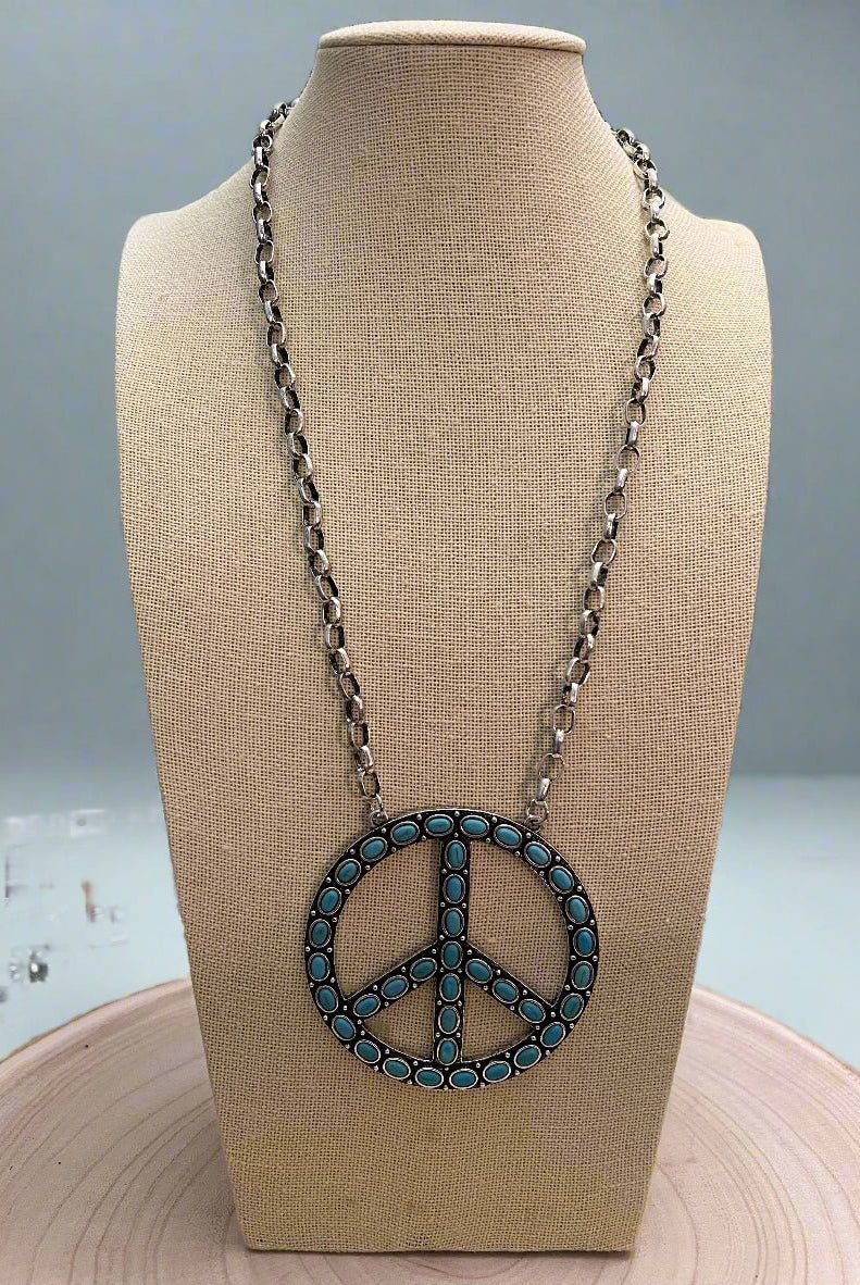 Western Faux Turquoise Peace Necklace - 22 inch - Cowhide and Conchos