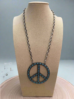 Western Faux Turquoise Peace Necklace - 22 inch - Cowhide and Conchos