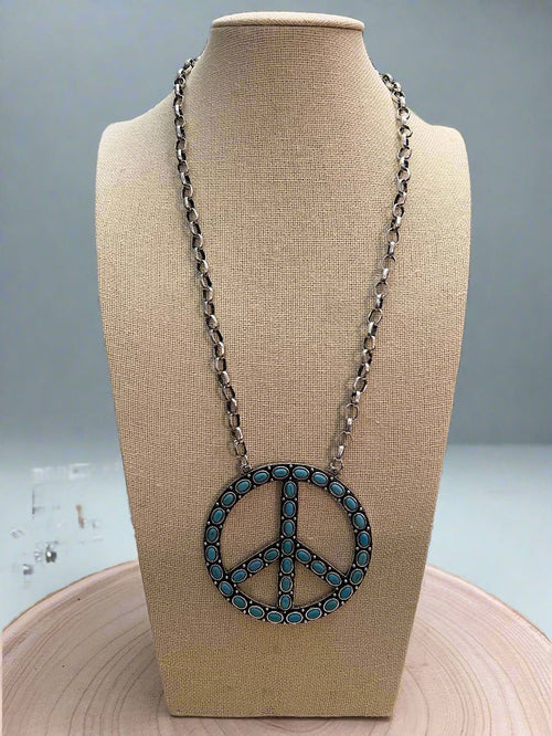 Western Faux Turquoise Peace Necklace - 22 inch - Cowhide and Conchos
