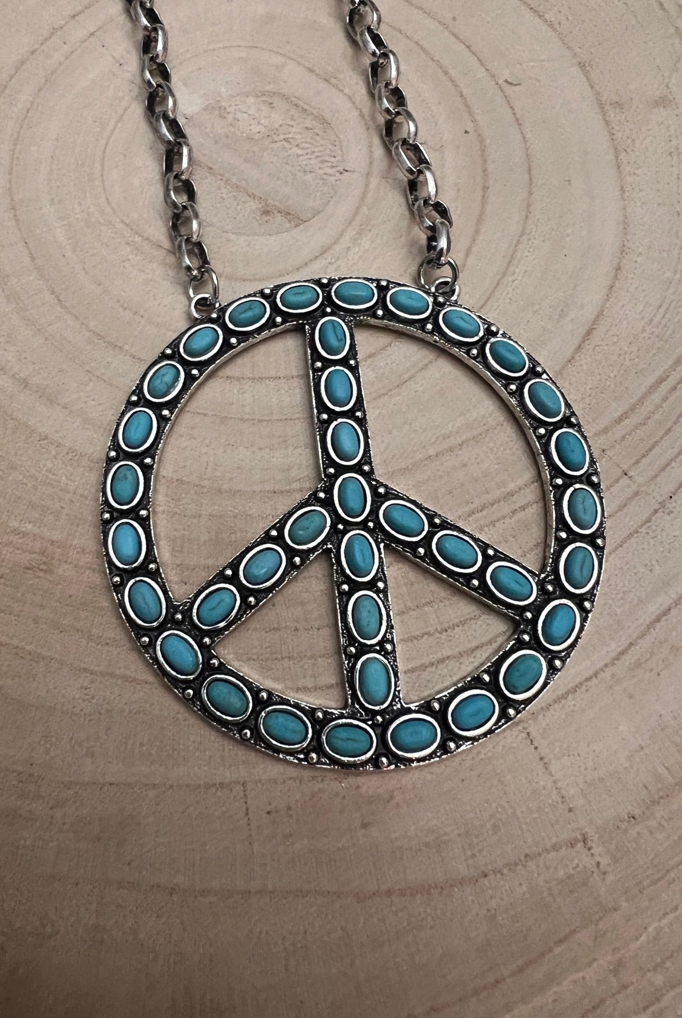 Western Faux Turquoise Peace Necklace - 22 inch - Cowhide and Conchos