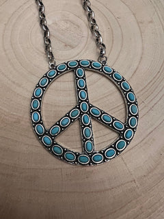 Western Faux Turquoise Peace Necklace - 22 inch - Cowhide and Conchos