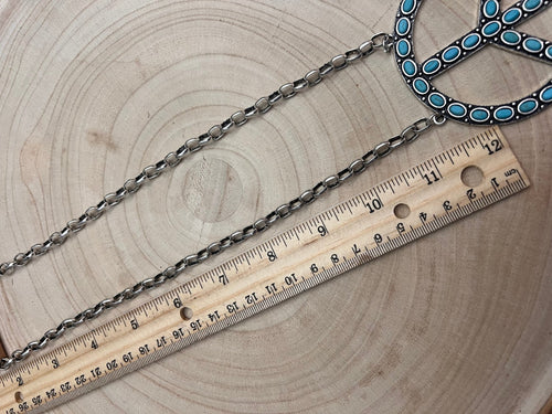 Western Faux Turquoise Peace Necklace - 22 inch - Cowhide and Conchos