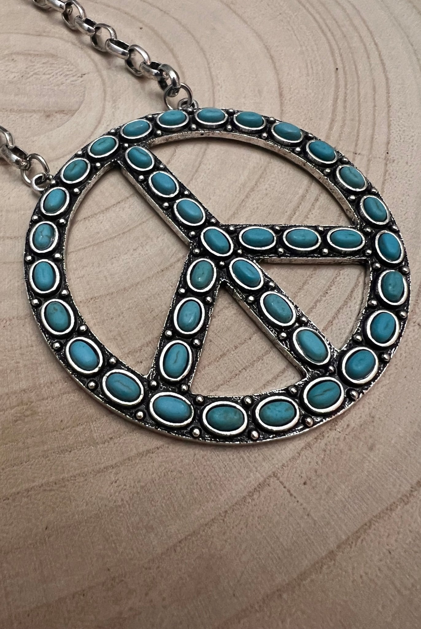 Western Faux Turquoise Peace Necklace - 22 inch - Cowhide and Conchos