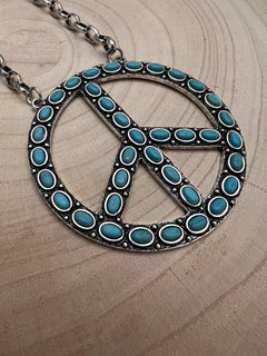 Western Faux Turquoise Peace Necklace - 22 inch - Cowhide and Conchos