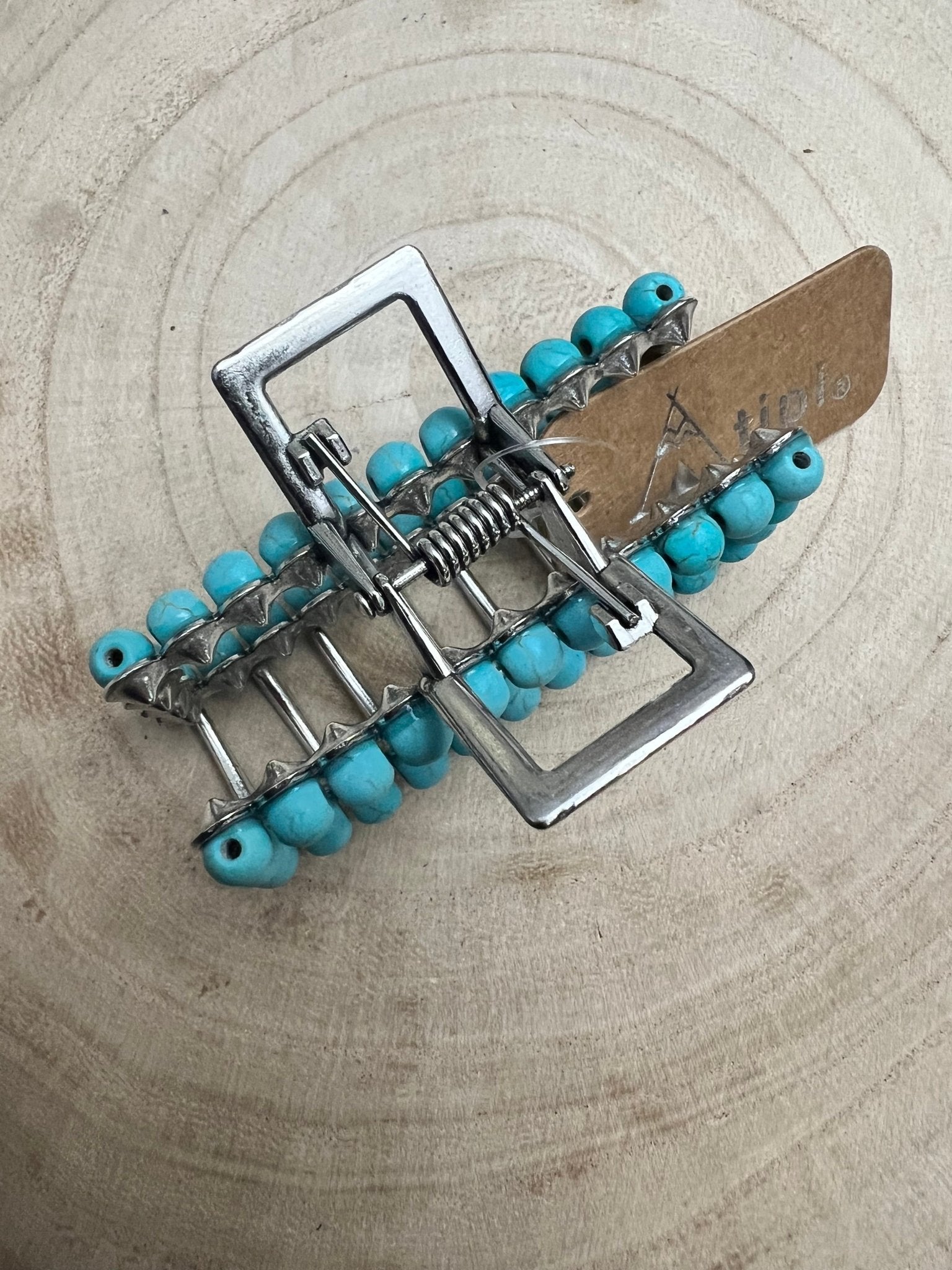 Western Faux Turquoise Rectangle Hair Claw Clip - Cowhide and Conchos