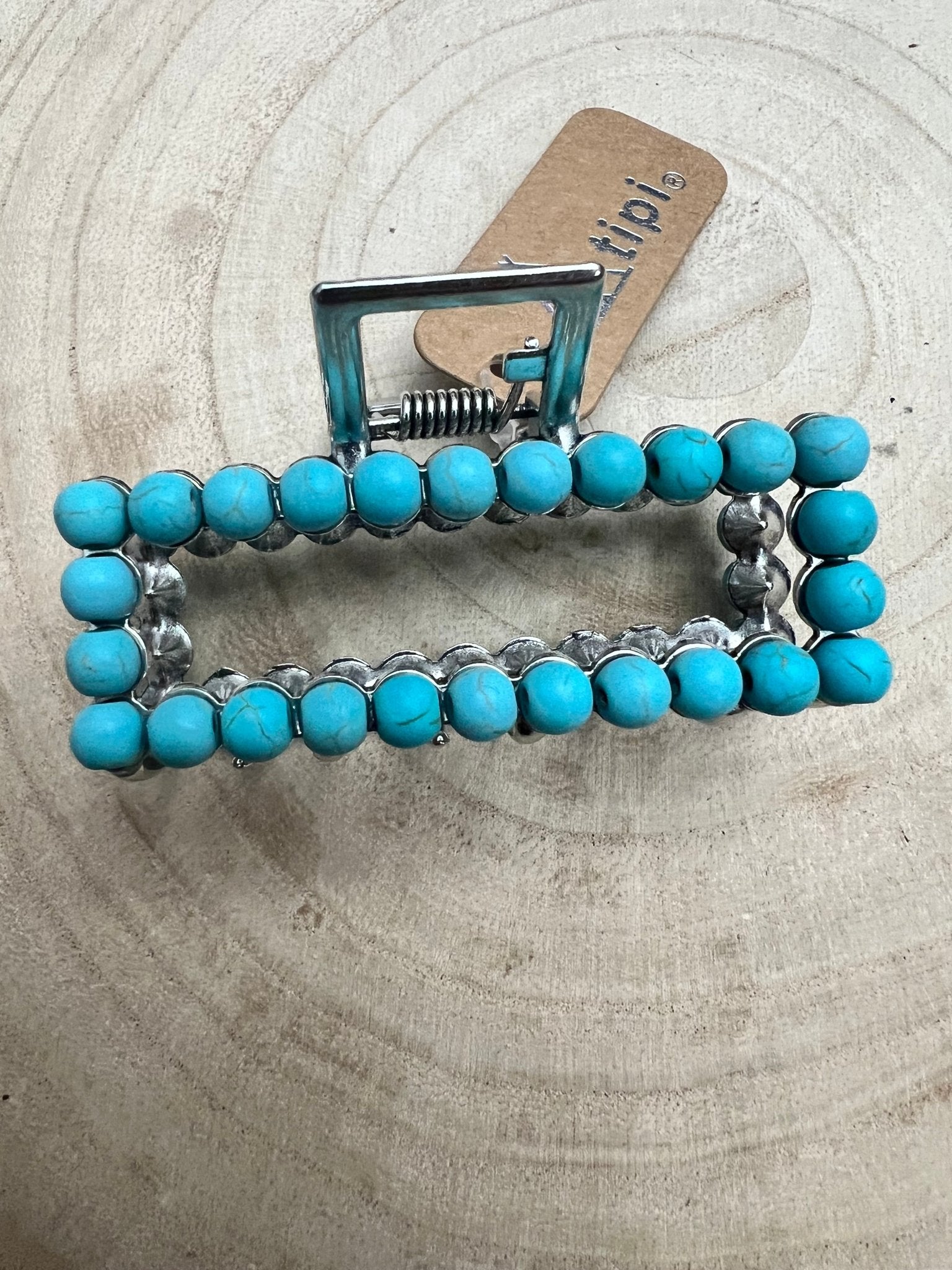 Western Faux Turquoise Rectangle Hair Claw Clip - Cowhide and Conchos