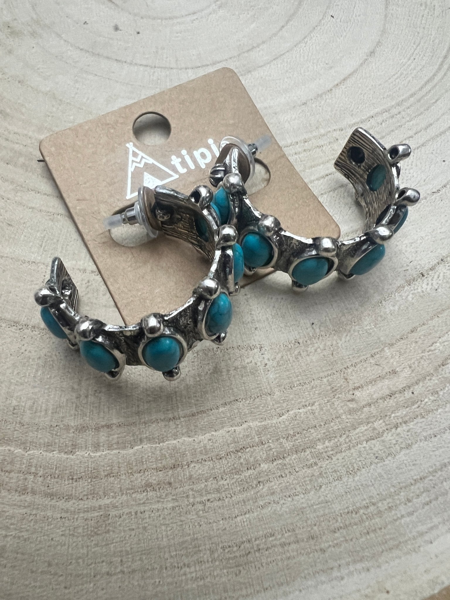 Western Faux Turquoise Small Hoop Earrings - Cowhide and Conchos