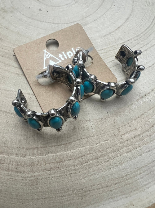 Western Faux Turquoise Small Hoop Earrings - Cowhide and Conchos