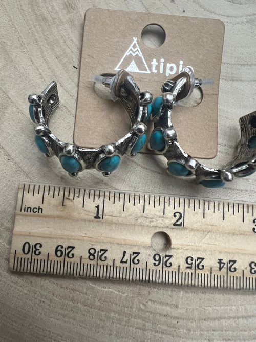Western Faux Turquoise Small Hoop Earrings - Cowhide and Conchos