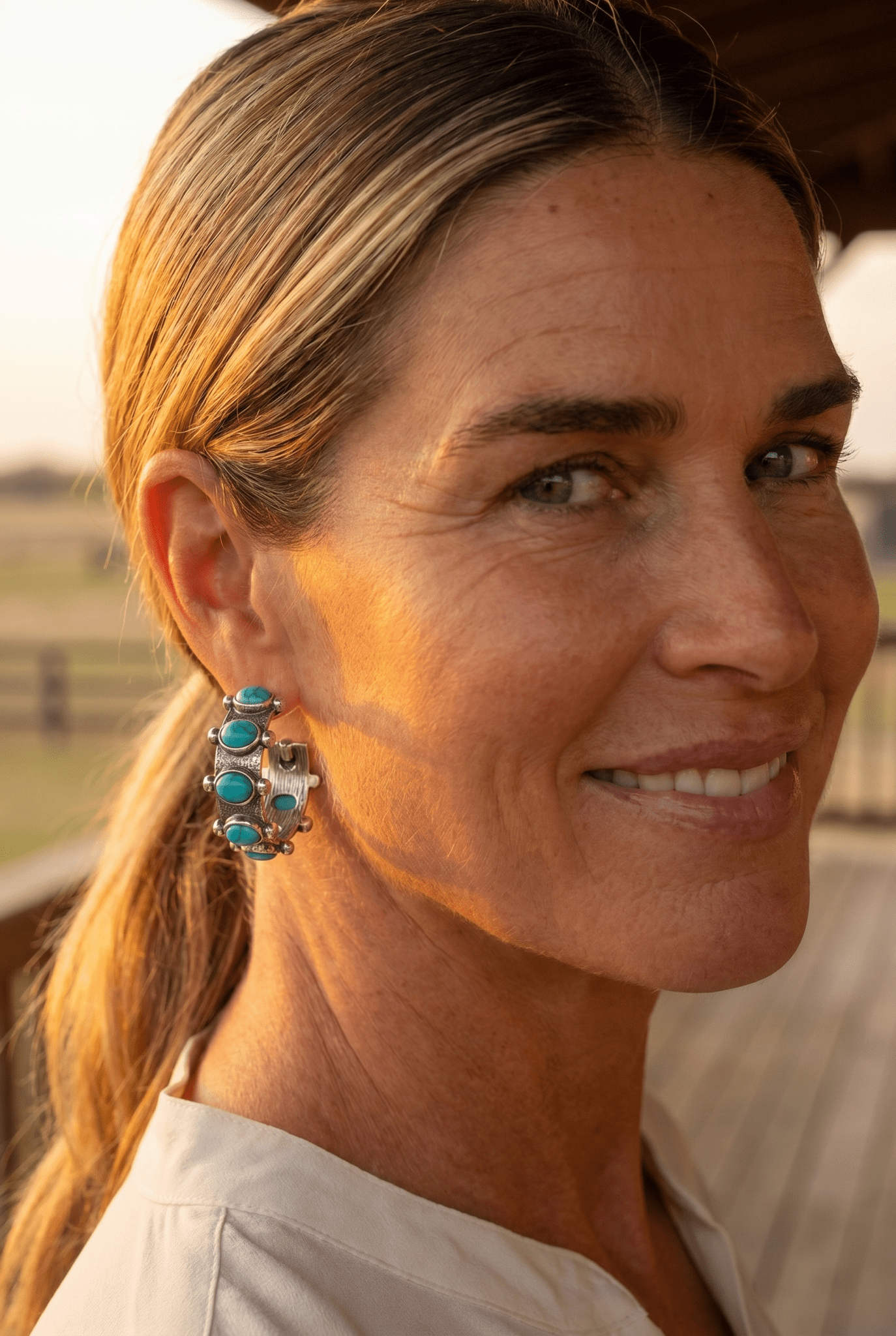Western Faux Turquoise Small Hoop Earrings — Oxidized Silver 1½" Drop - Cowhide and Conchos