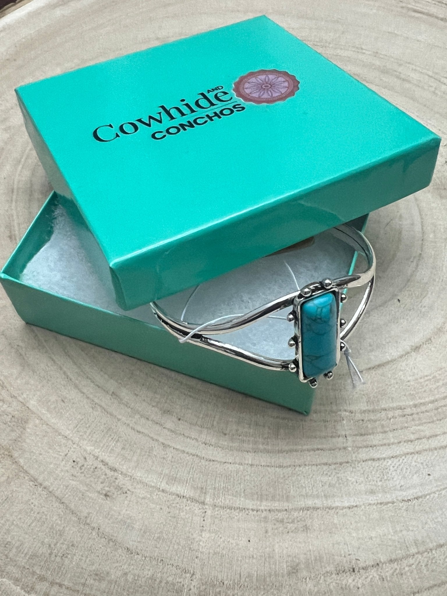 Western Faux Turquoise Stone Silver Colored Bracelet - Cowhide and Conchos