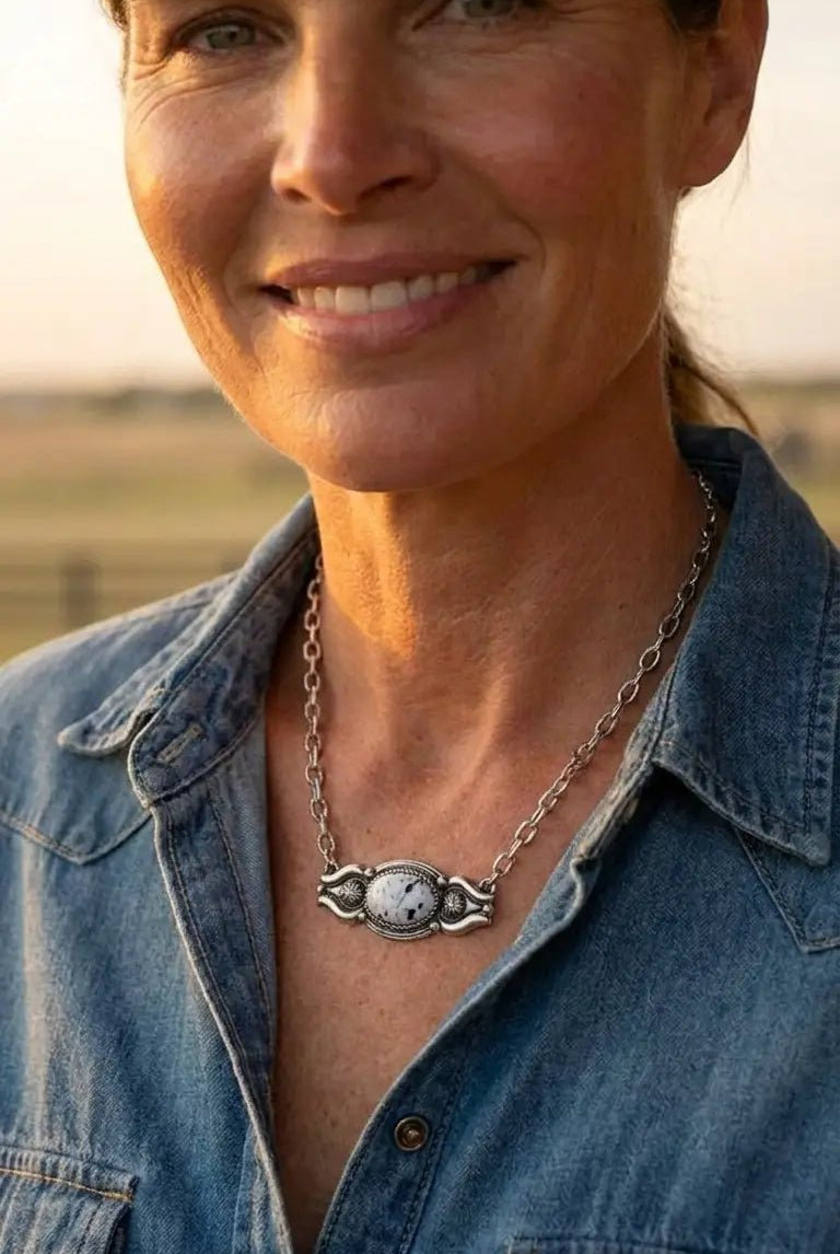 Western Faux White Buffalo Bar Necklace — 18 Inch with Extender - Cowhide and Conchos