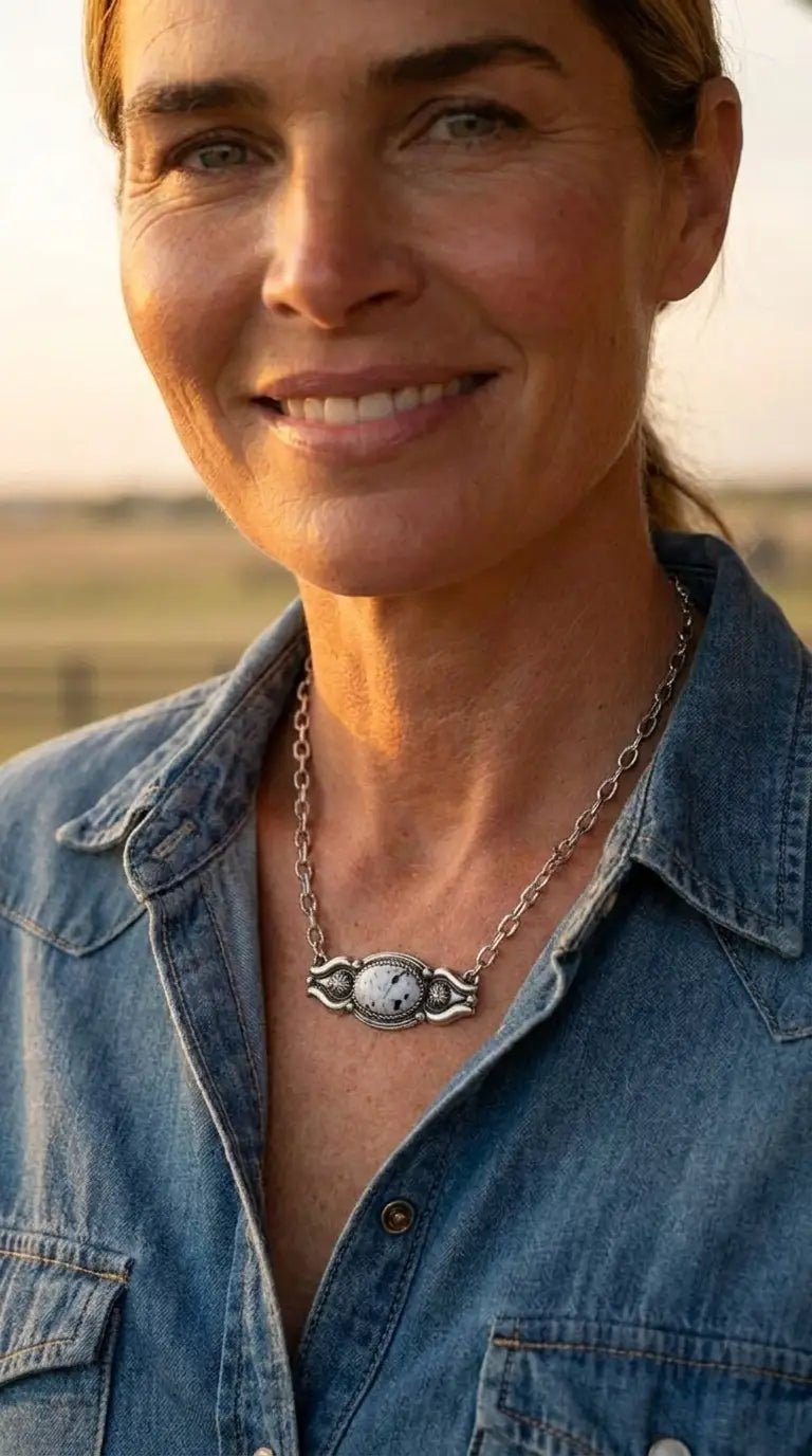 Western Faux White Buffalo Bar Necklace — 18 Inch with Extender - Cowhide and Conchos