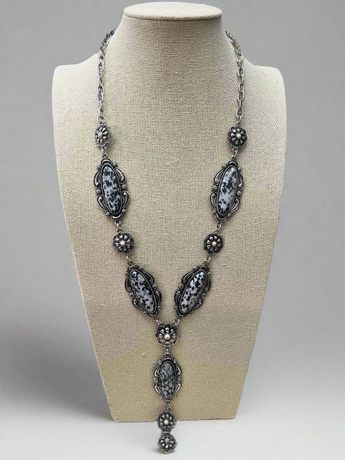 Western Faux White Buffalo Lariat Statement Necklace - 24 inch - Cowhide and Conchos