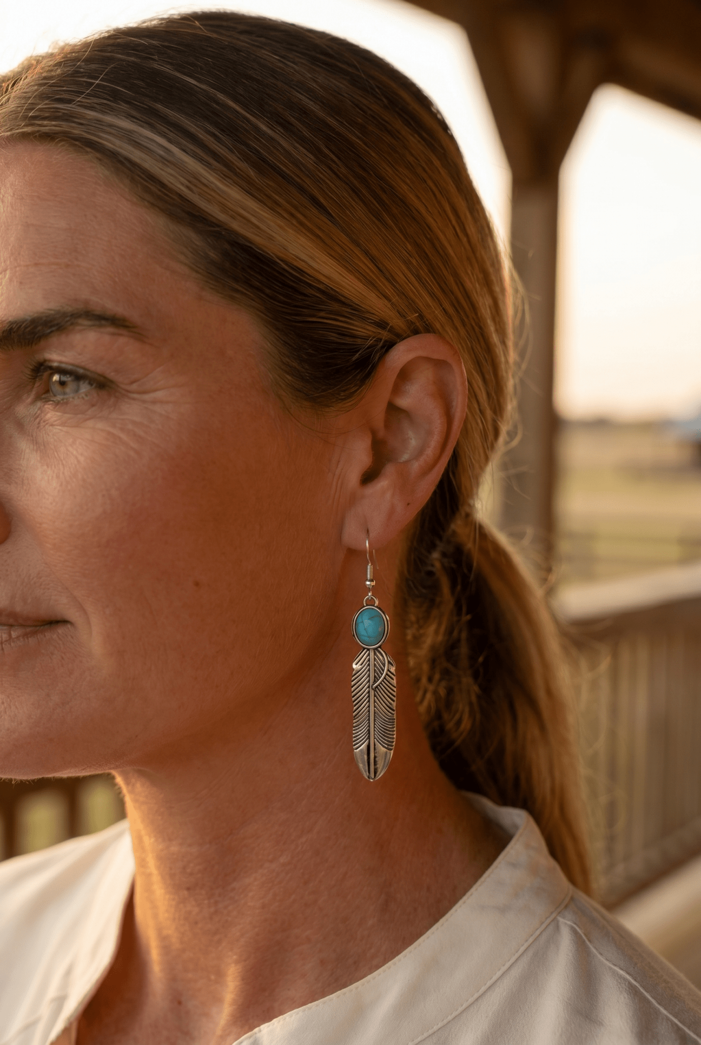 Western Feather Earrings with Faux Turquoise — 2" Drop - Cowhide and Conchos