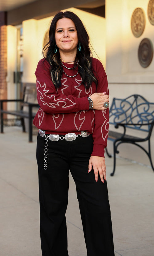Western Flame Boots Stitch Pullover Sweatshirt - Brown or Red available - Cowhide and Conchos