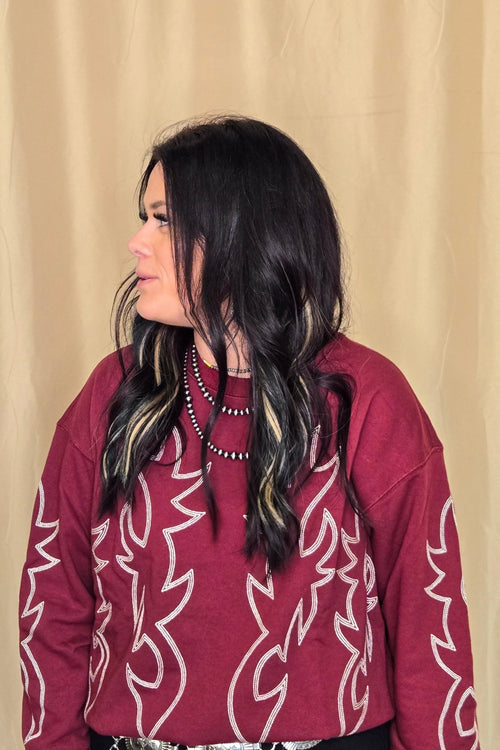 Western Flame Boots Stitch Pullover Sweatshirt - Brown or Red available - Cowhide and Conchos