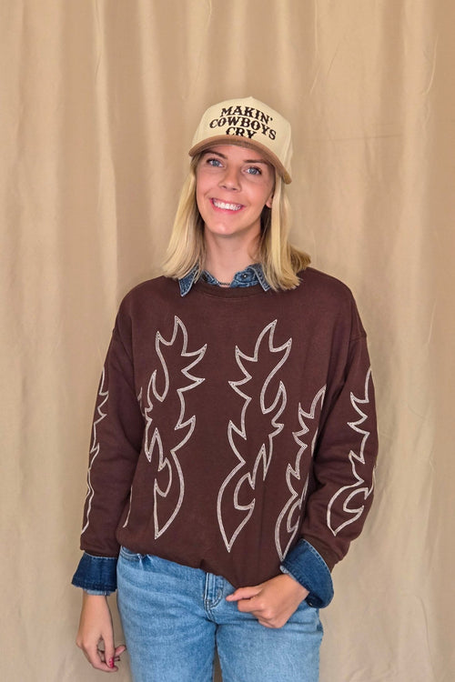 Western Flame Boots Stitch Pullover Sweatshirt - Brown or Red available - Cowhide and Conchos