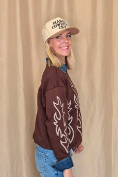 Western Flame Boots Stitch Pullover Sweatshirt - Brown or Red available - Cowhide and Conchos